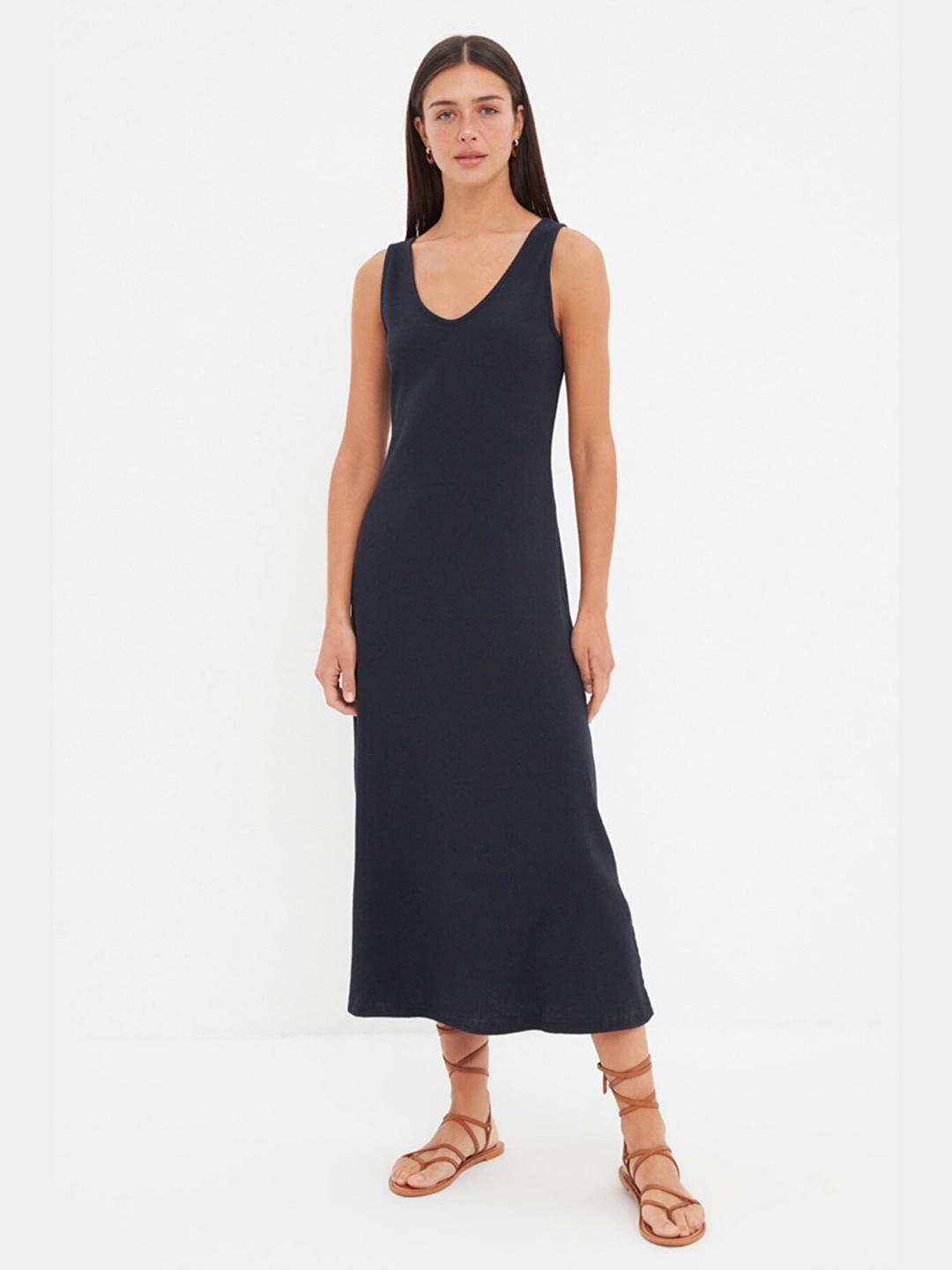 

Trendyol Ribbed A-Line Midi Dress, Navy blue