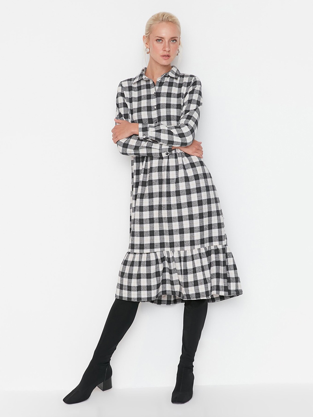 

Trendyol Checked Shirt Long Sleeve Dress, Black