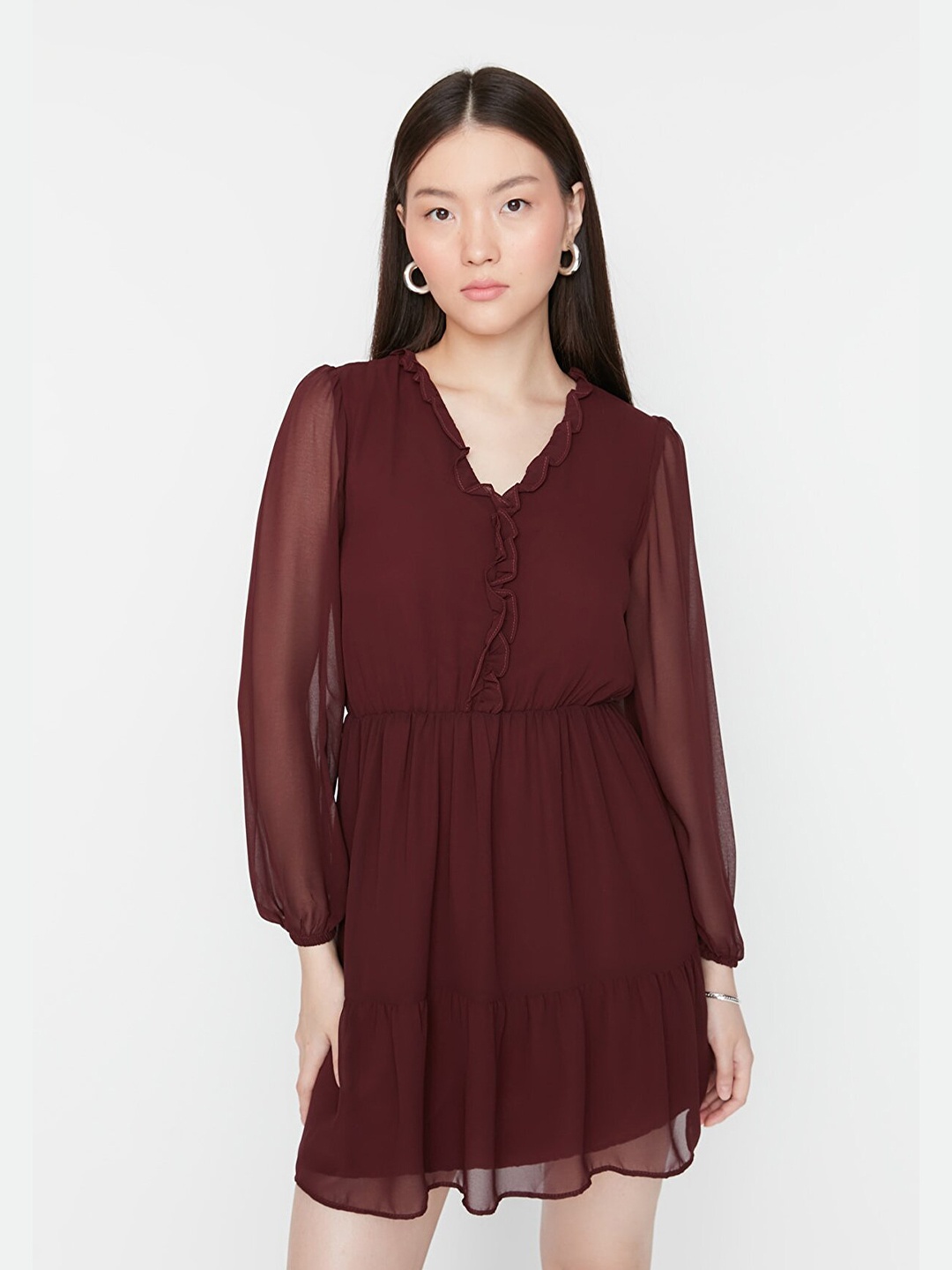 

Trendyol Long Sleeve Fit and Flare Dress, Maroon