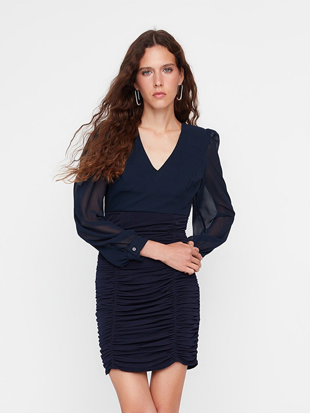 

Trendyol Gathered V-Neck Sheath Dress, Navy blue