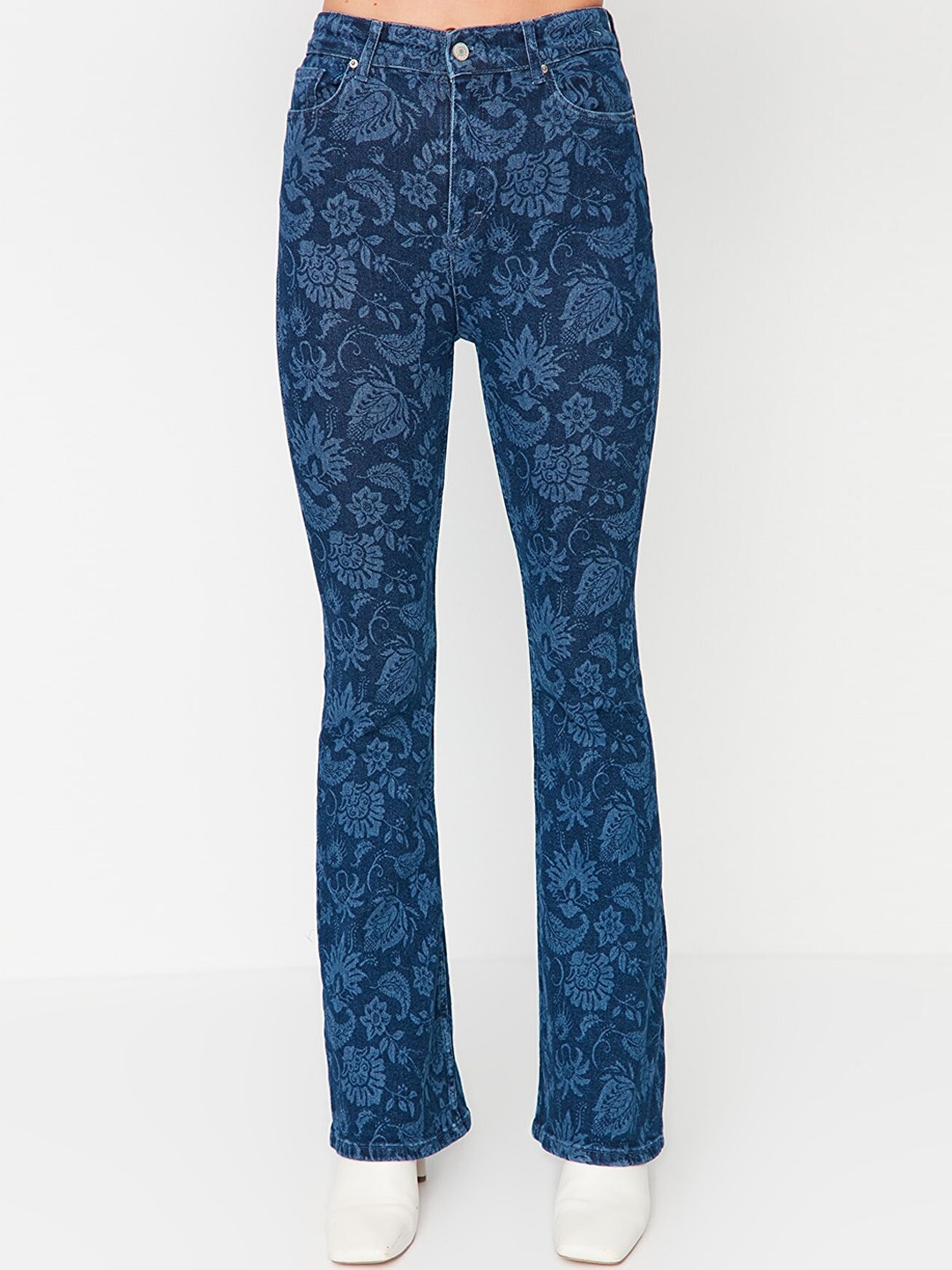 

Trendyol Women High-Rise Printed Cotton Jeans, Navy blue