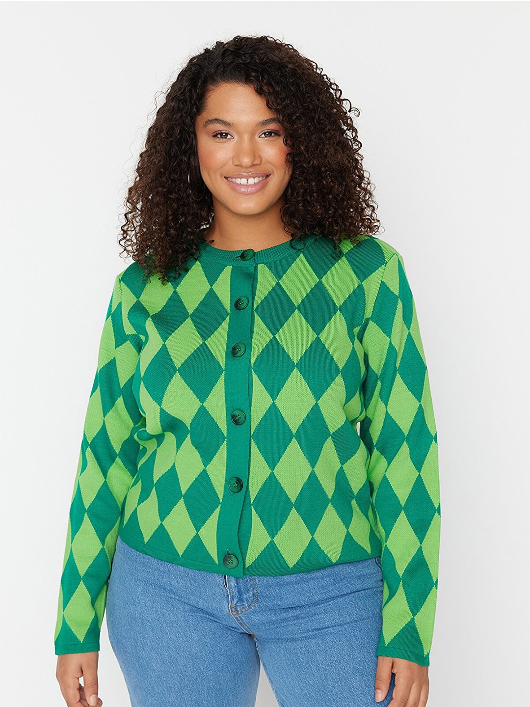 

Trendyol Women Self Design Round Neck Acrylic Cardigan, Green