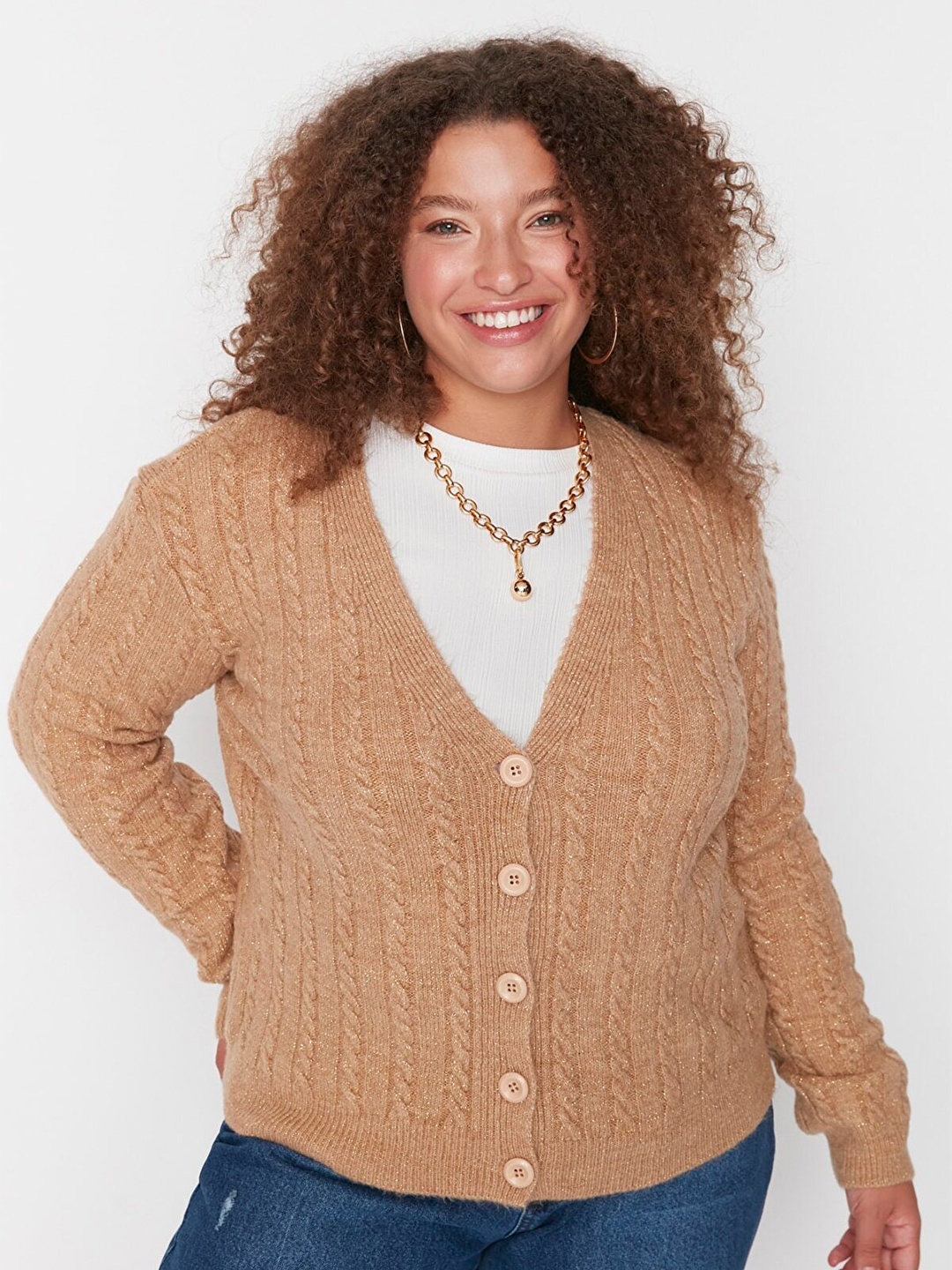 

Trendyol Women Plus Size Cable Knit Acrylic Cardigan with Fuzzy Detail, Camel brown