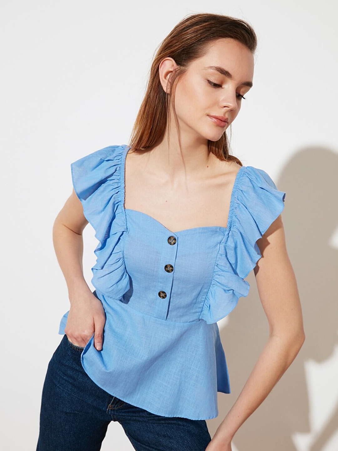 

Trendyol Sweetheart Neck Ruffles Peplum Pure Cotton Top, Blue