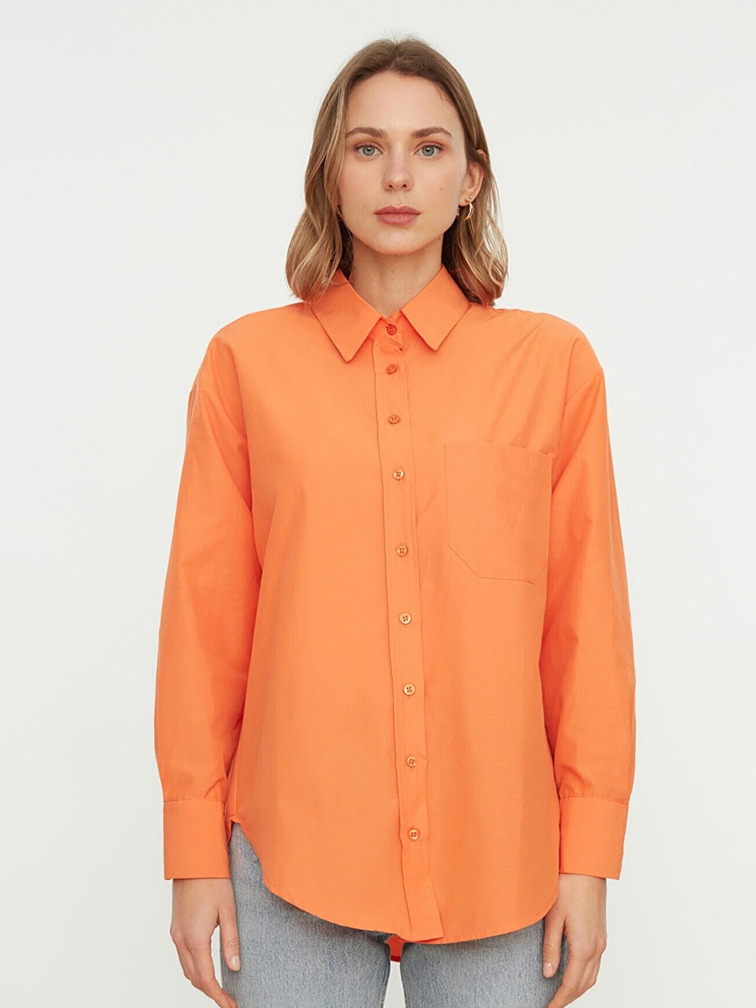 

Trendyol Women Spread Collar Knitted Casual Shirt, Orange