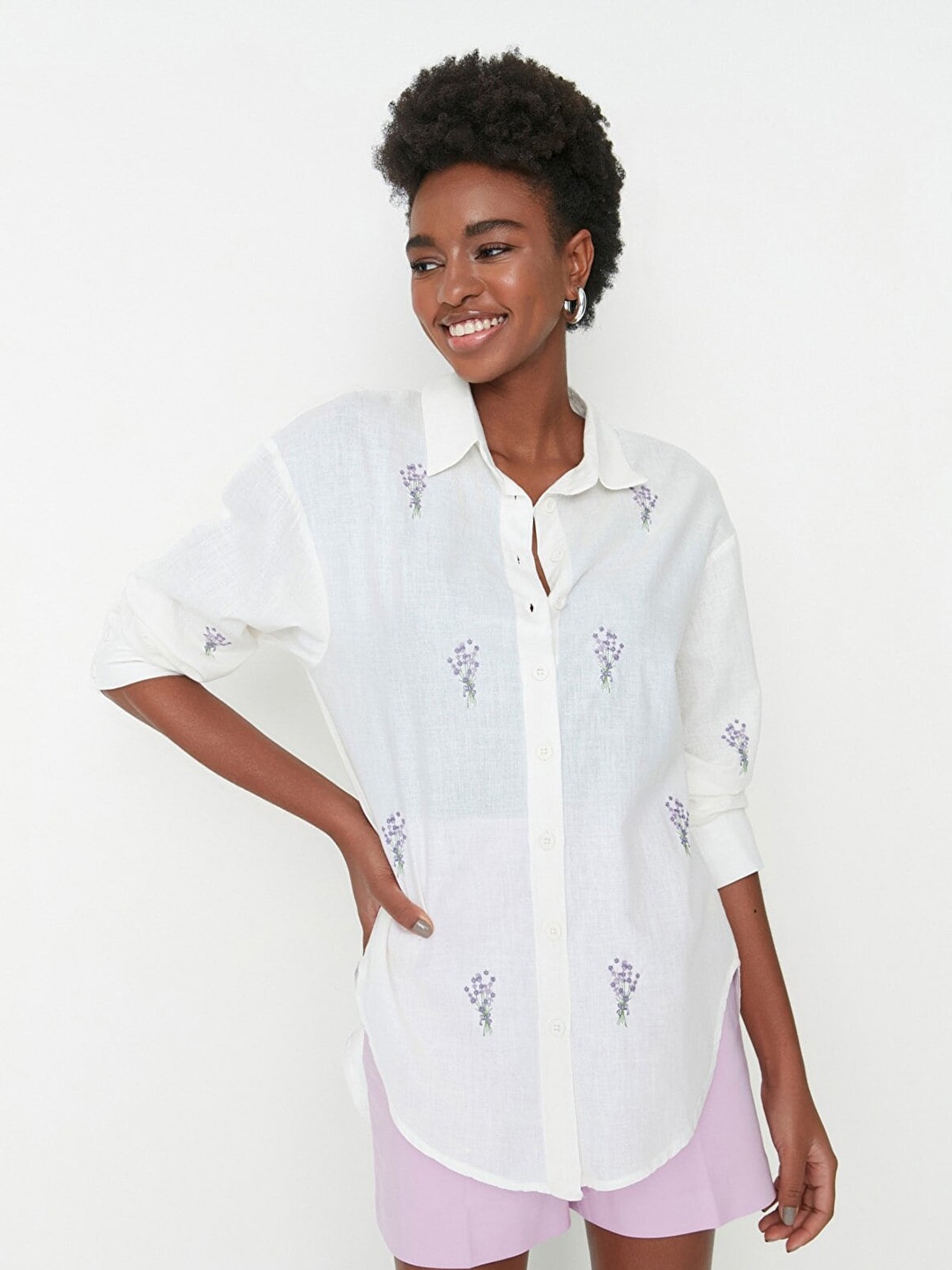 

Trendyol Women Floral Printed Spread Collar Casual Shirt, Off white