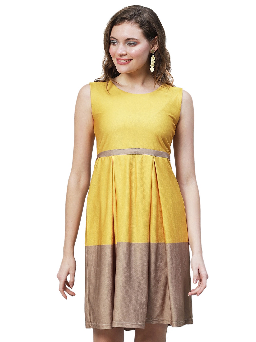 

eshami Round Neck Fit & Flare Colourblocked Dress, Yellow