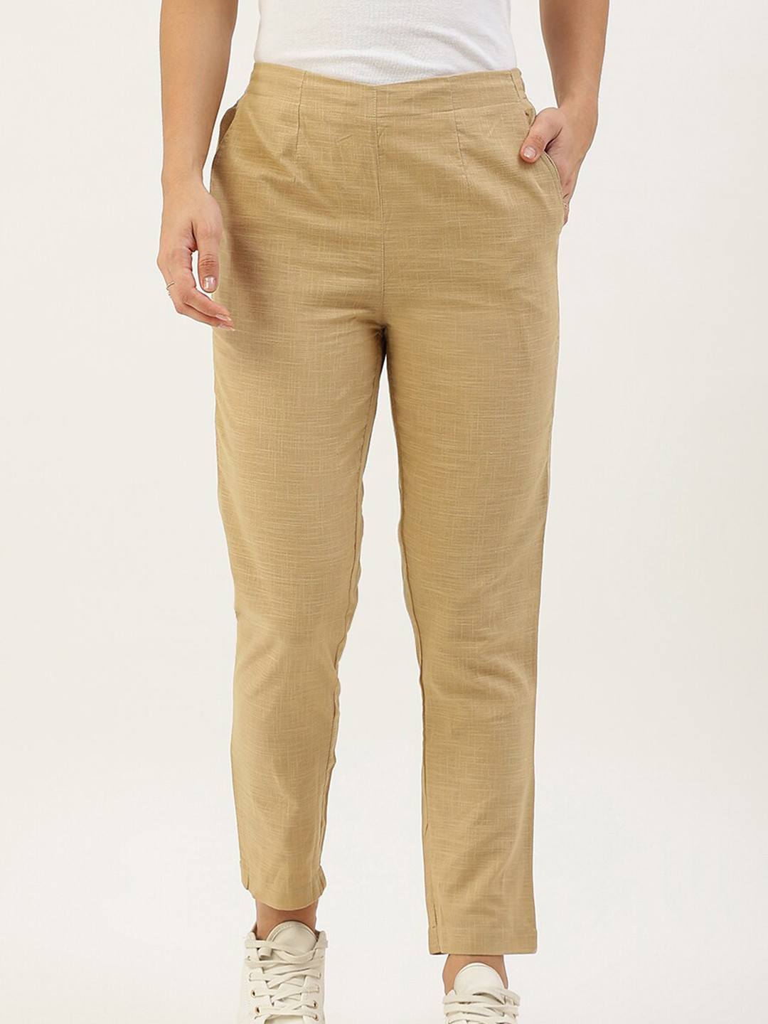 

Lokatita Women Slim Fit Cropped Cotton Trouser, Beige