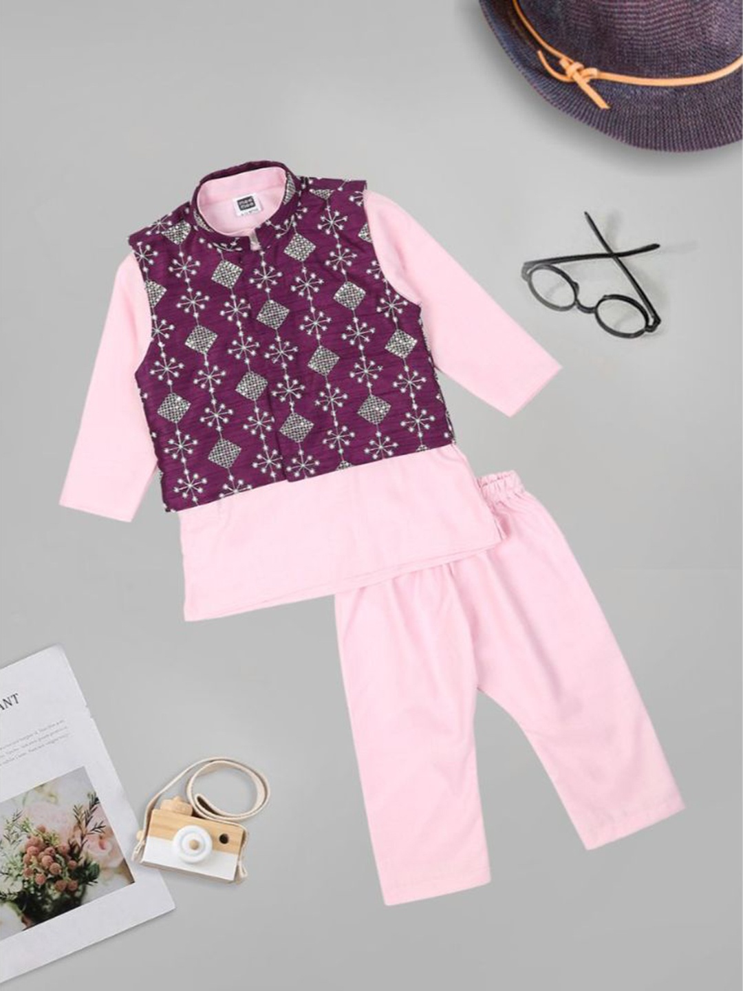 

MeeMee Boys Printed Pure Cotton Kurta with Pyjamas And Nehru Jacket Set, Purple