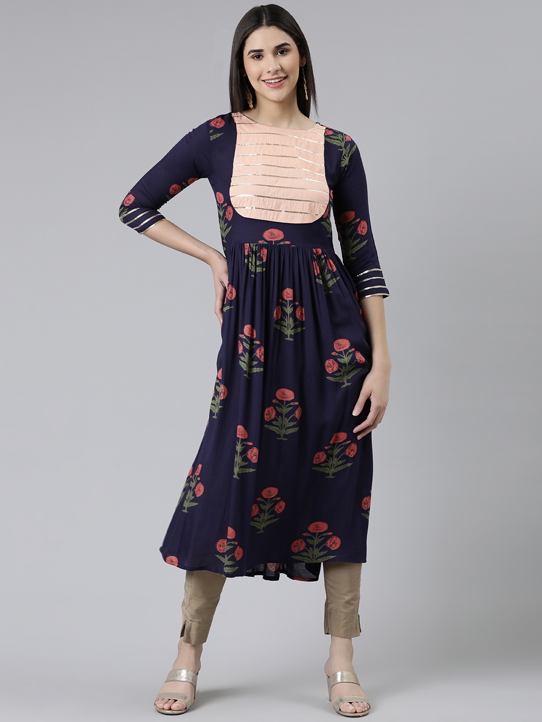 

KALINI Women Floral Printed Gotta Patti Floral Anarkali Kurta, Navy blue