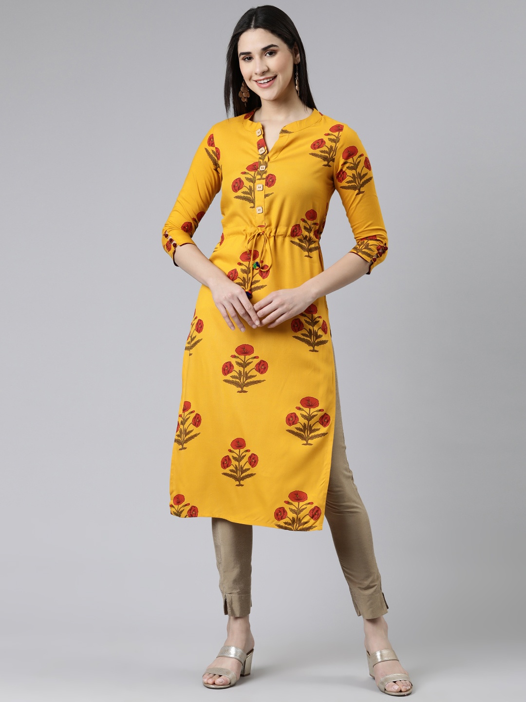 

KALINI Women Floral Printed Kurta With Tie-Up Detail, Yellow