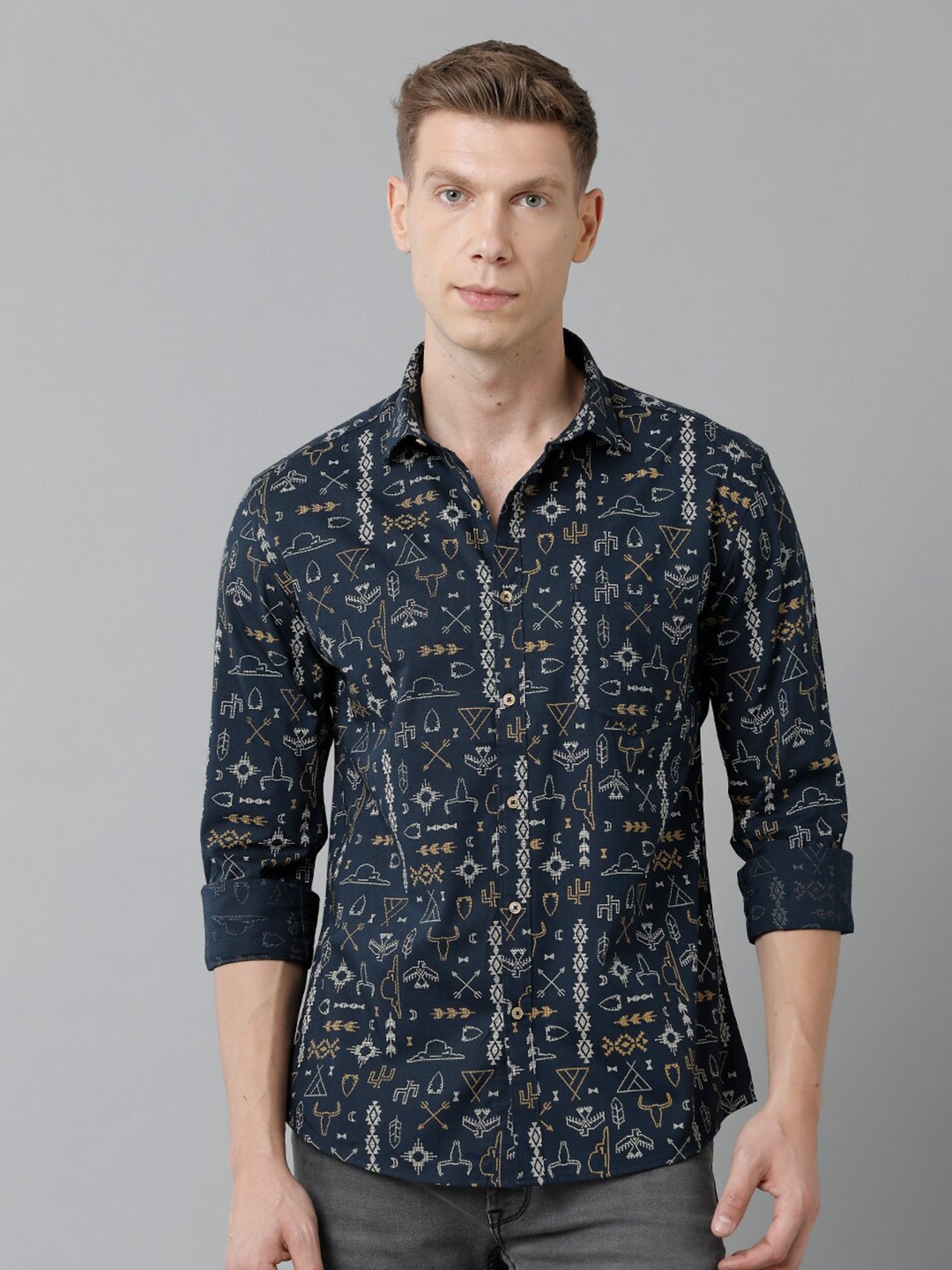 

YOVISH Men Comfort Conversational Printed Casual Cotton Shirt, Navy blue