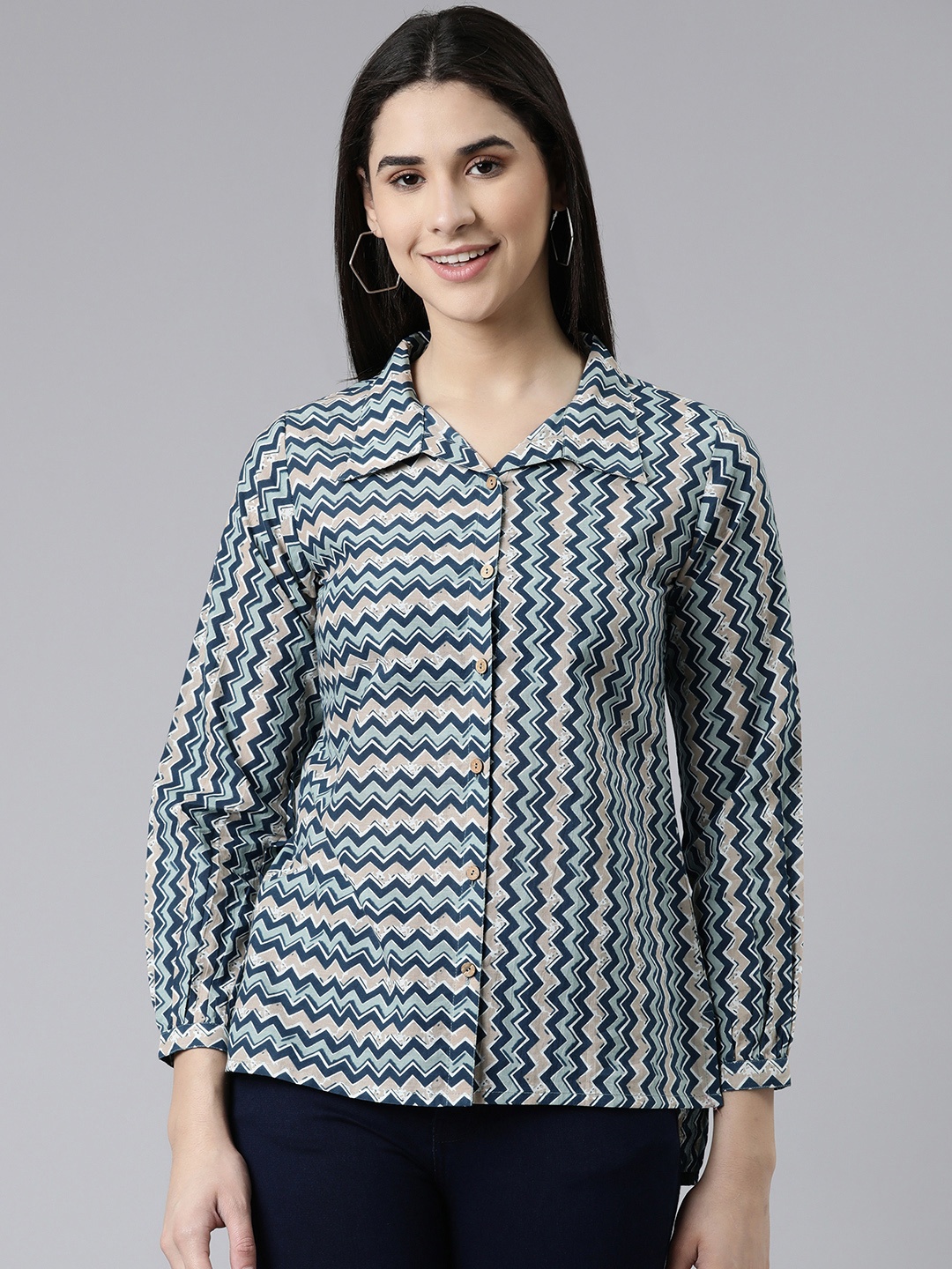 

KALINI Chevron Printed Cotton Casual Shirt, Beige
