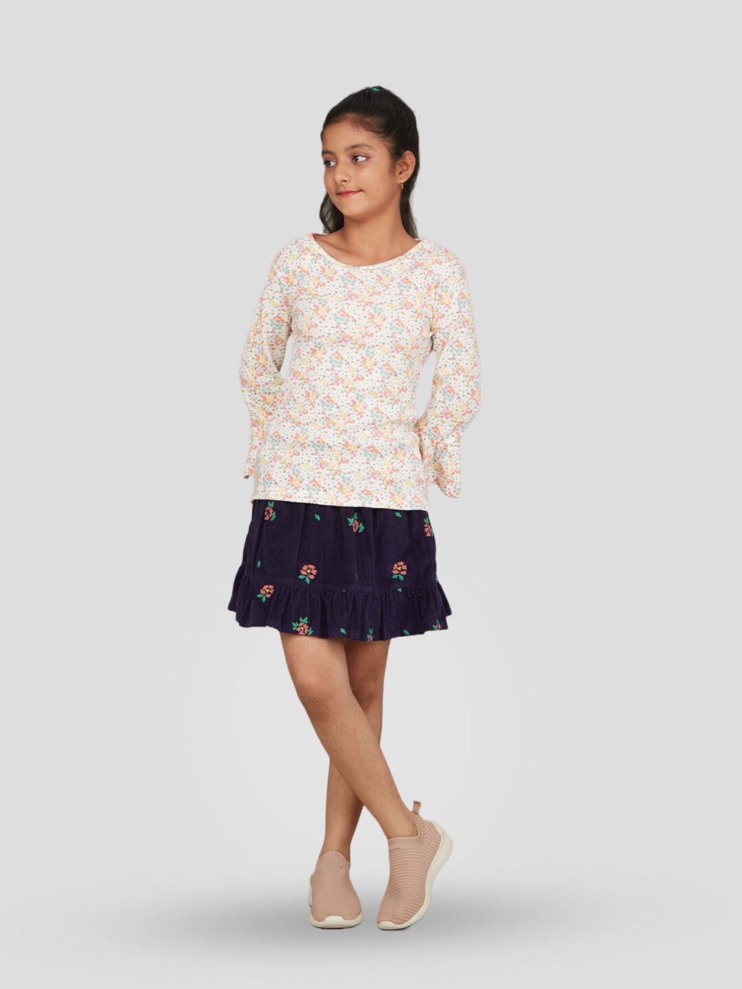 

Zalio Girls Floral Printed Pure Cotton Top with Skirt, Cream