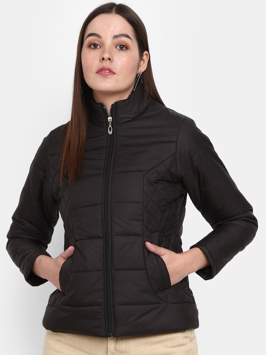 

V-Mart Women Stand Collar Cotton Puffer Jacket, Black