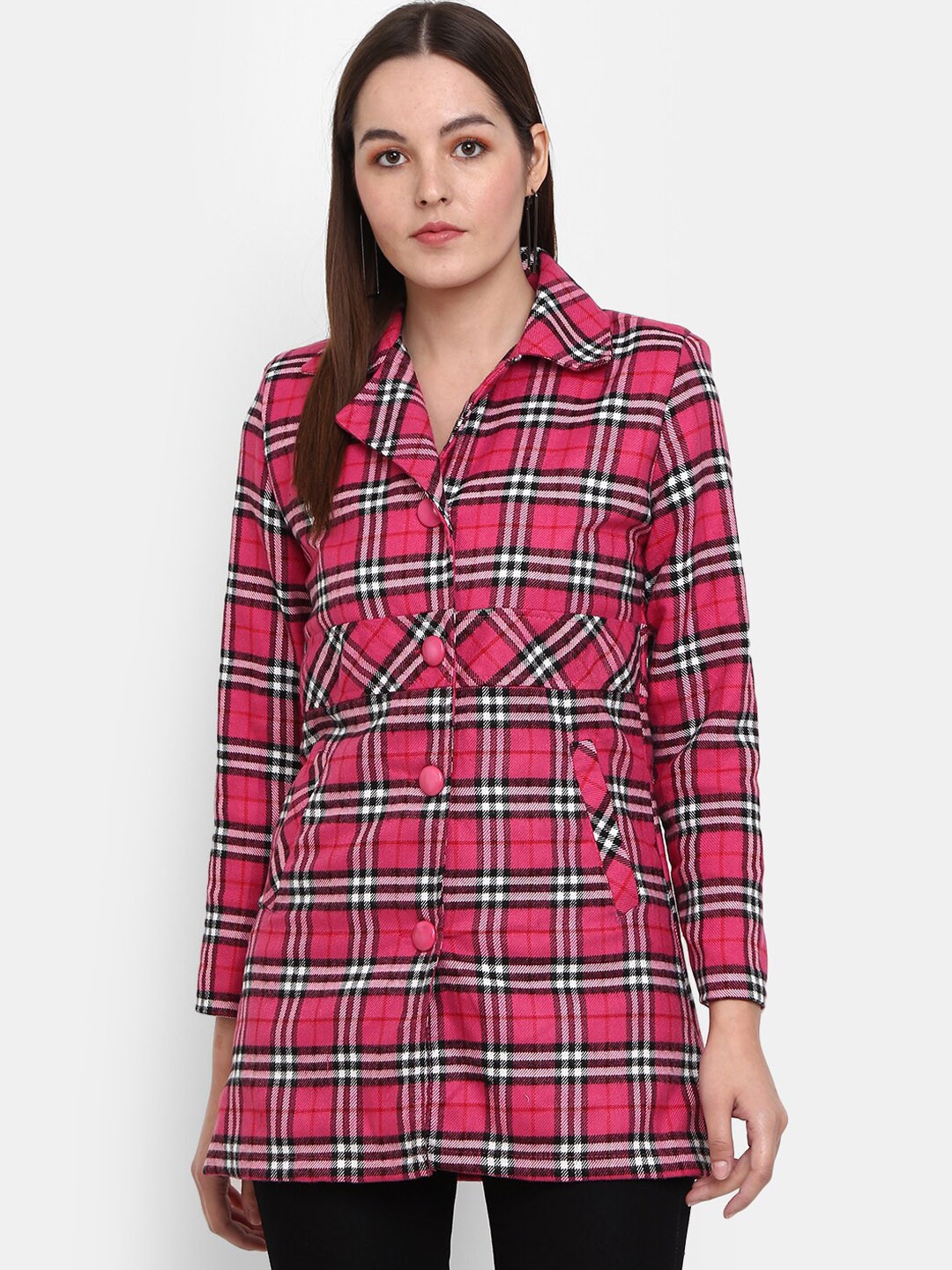 

V-Mart Women Checked Notched Lapel Cotton Overcoat, Pink