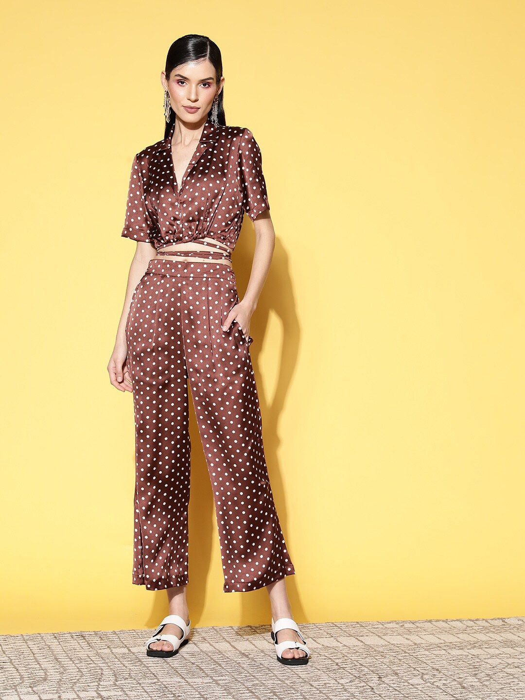 

ANVI Be Yourself Women Printed Satin Straight Fit Palazzos, Brown