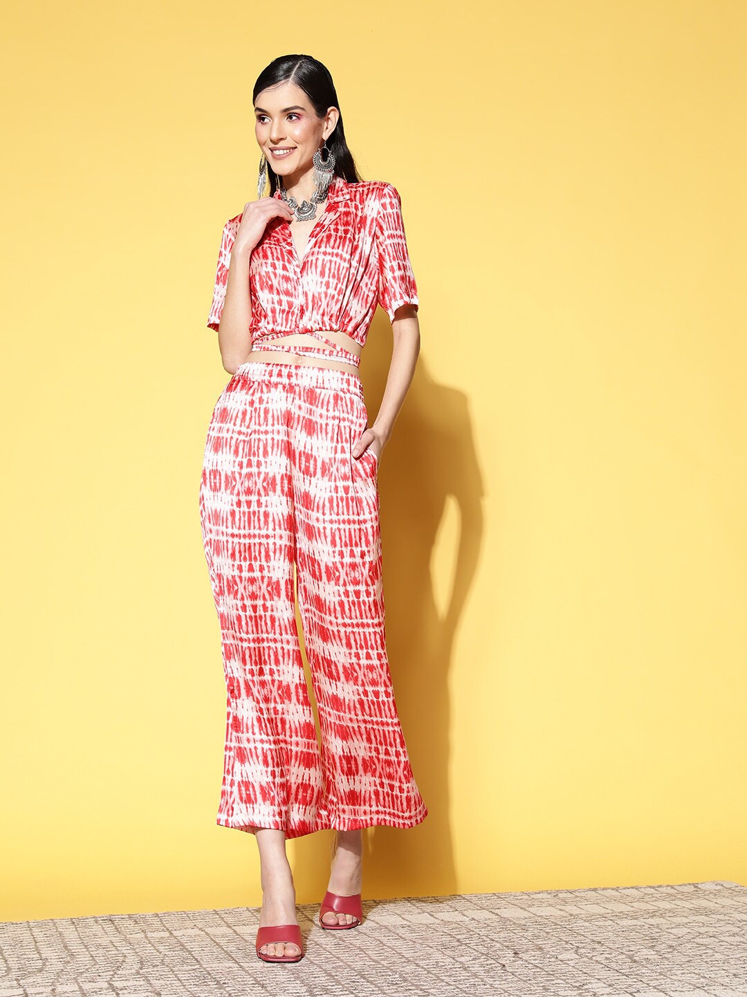 

ANVI Be Yourself Women Printed Satin Straight Fit Palazzos, Red