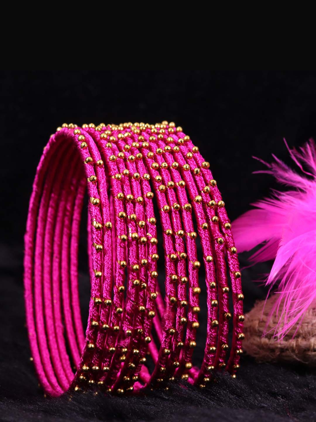 

NMII Set Of 12 Beaded Silk Thread Bangle Set, Magenta