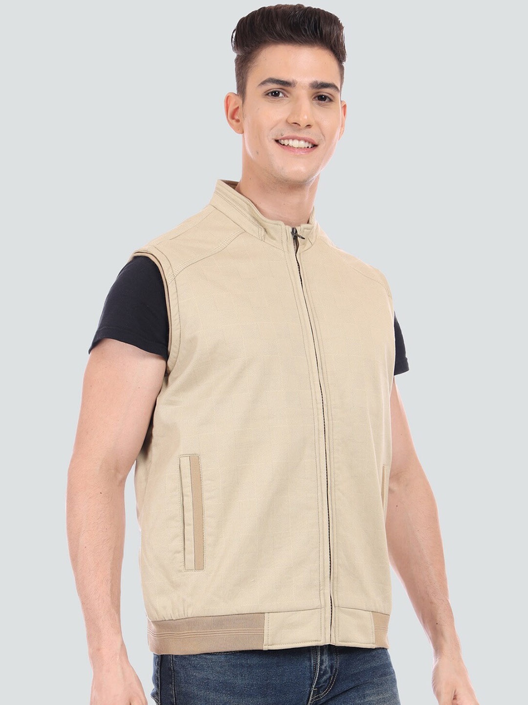 

YOUNG CLUB CLASSIC Men Lightweight Cotton Mock Collar Bomber Jacket, Beige
