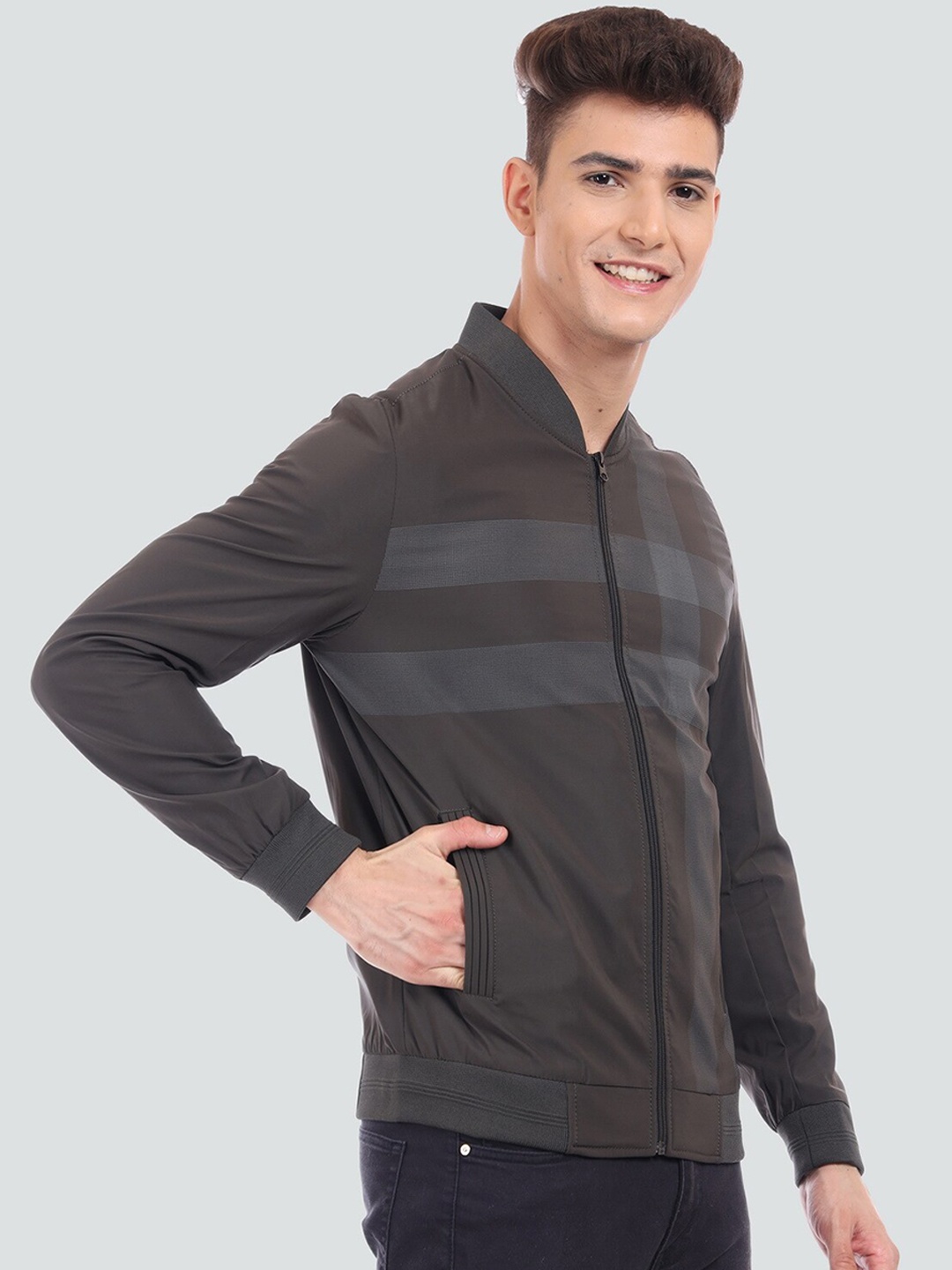 

YOUNG CLUB CLASSIC Men Striped Wool Lightweight Bomber Jacket, Charcoal