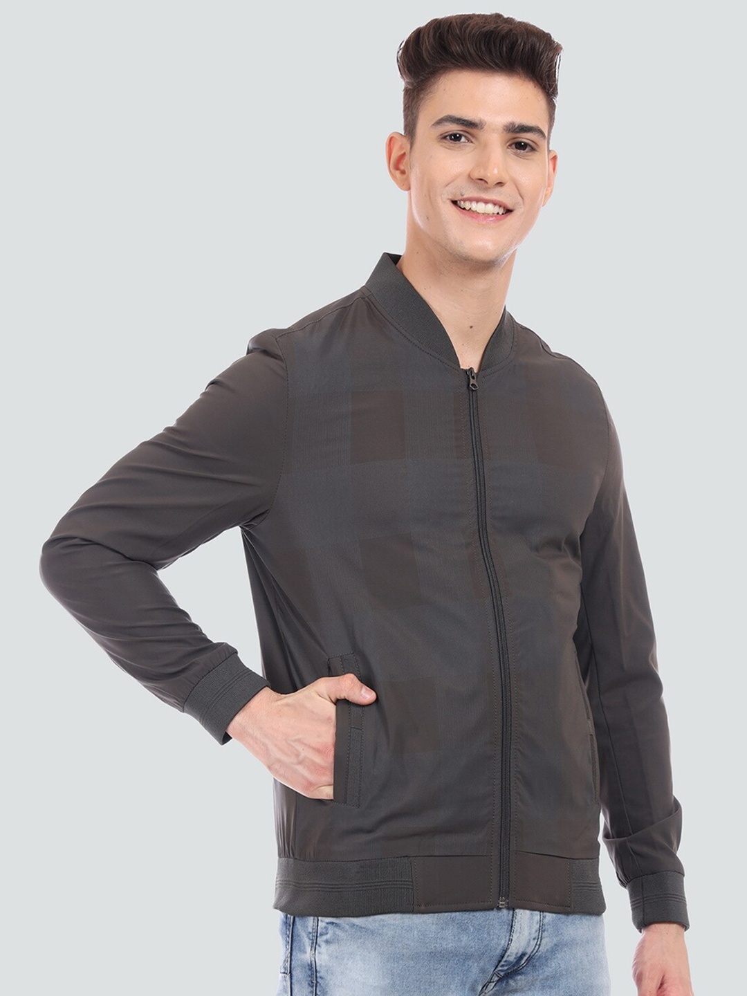 

YOUNG CLUB CLASSIC Men Checked Lightweight Wool Bomber Jacket, Blue