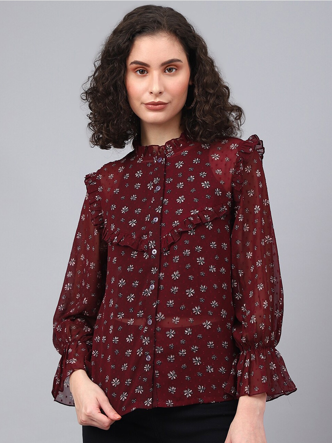 

DEEBACO Women Premium Floral Printed Frill Casual Shirt, Maroon