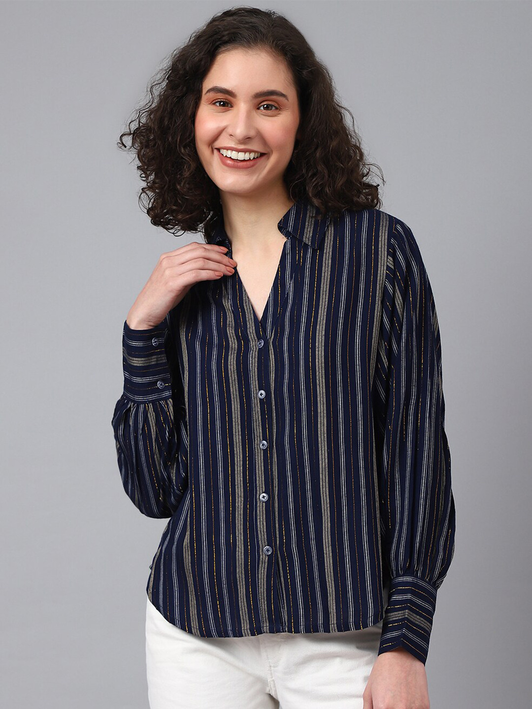 

DEEBACO Women Premium Striped Casual Shirt, Navy blue