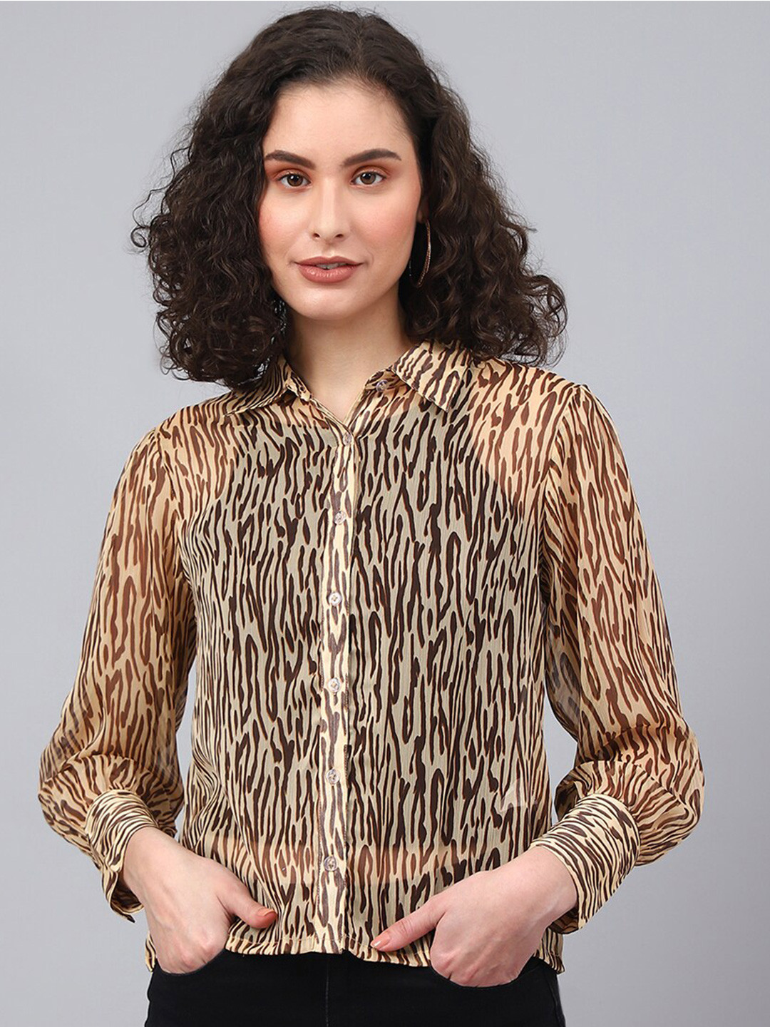

DEEBACO Women Premium Printed Casual Chiffon Shirt, Brown