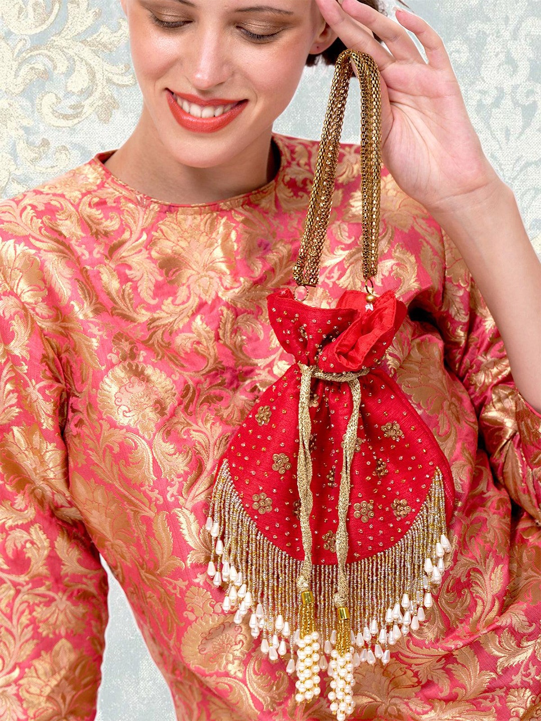 

ODETTE Embellished Potli Clutch, Red