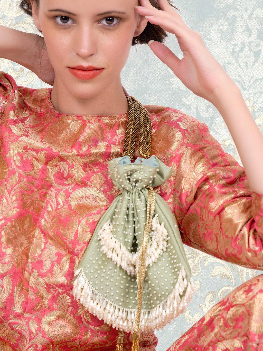 

ODETTE Embellished Potli Clutch, Green