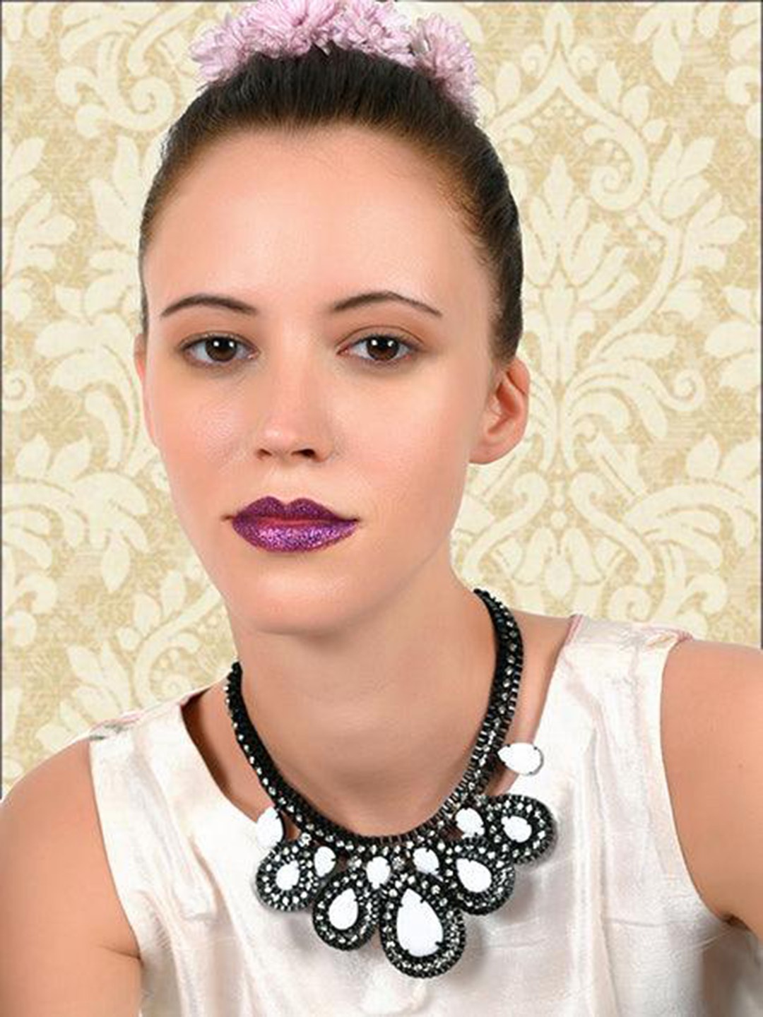 

ODETTE Stone Studded & Beaded Statement Necklace, Black