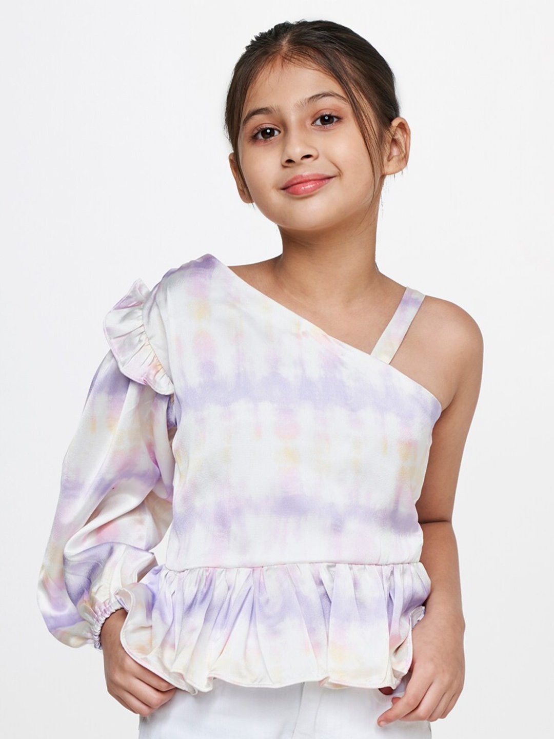 

AND Tie and Dye One Shoulder Bishop Sleeves Ruffled Peplum Top, Off white