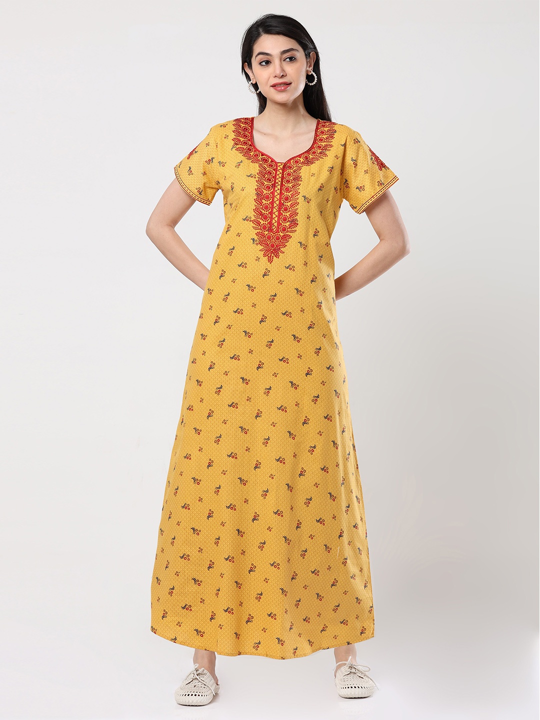 

9shines Label Printed Pure Cotton Maxi Nightdress, Yellow