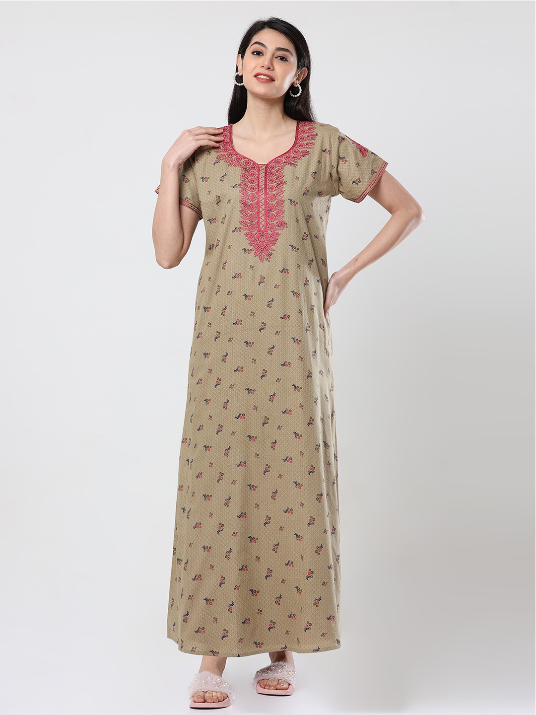 

9shines Label Floral Printed Pure Cotton Maxi Nightdress, Olive
