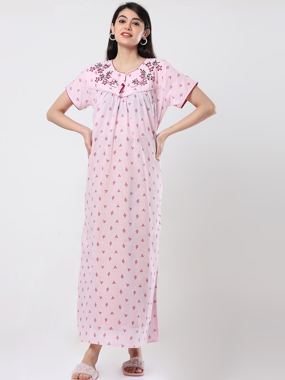 

9shines Label Printed Pure Cotton Maxi Nightdress, Pink