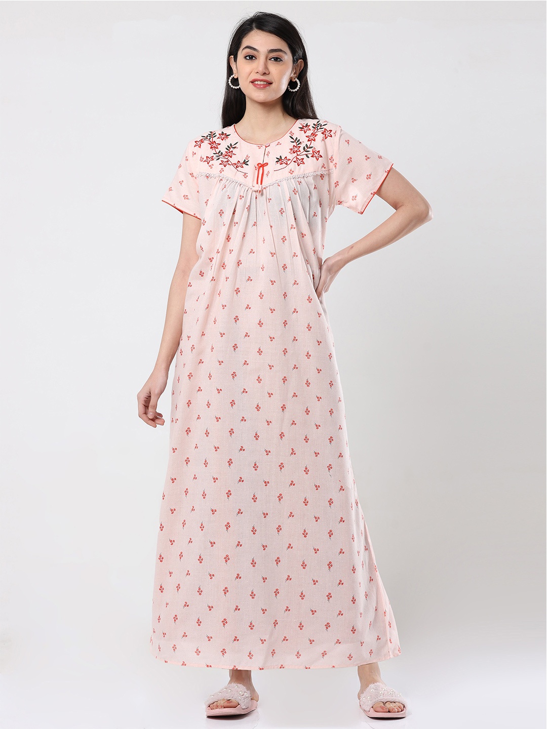 

9shines Label Printed Pure Cotton Maxi Nightdress, Peach