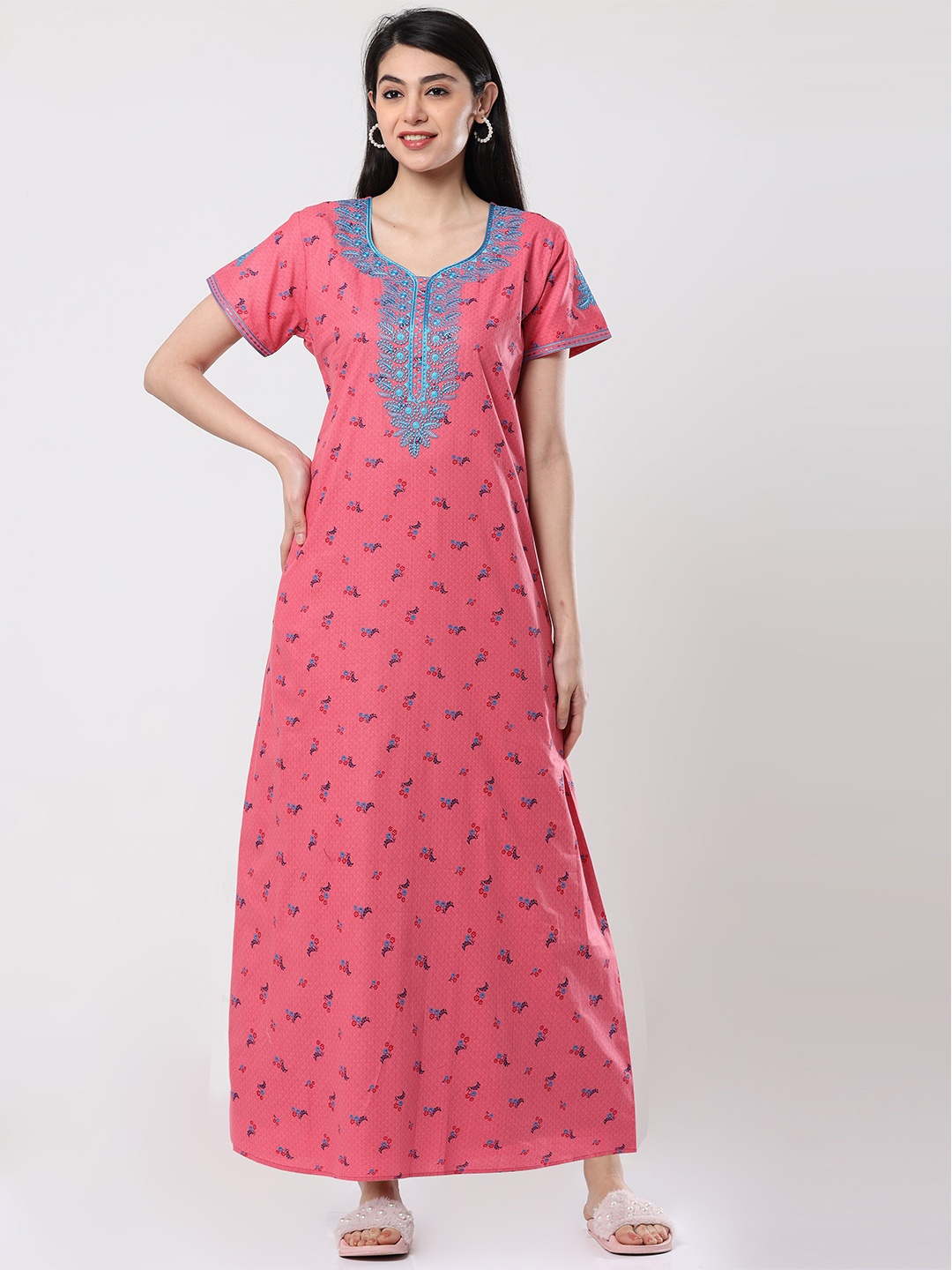 

9shines Label Printed Pure Cotton Maxi Nightdress, Red