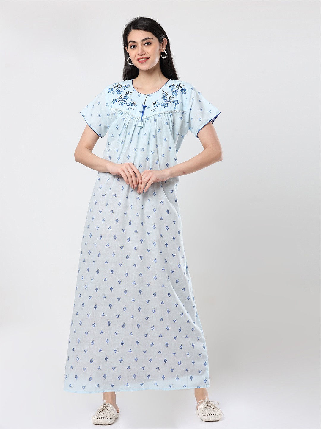 

9shines Label Printed Pure Cotton Maxi Nightdress, Blue