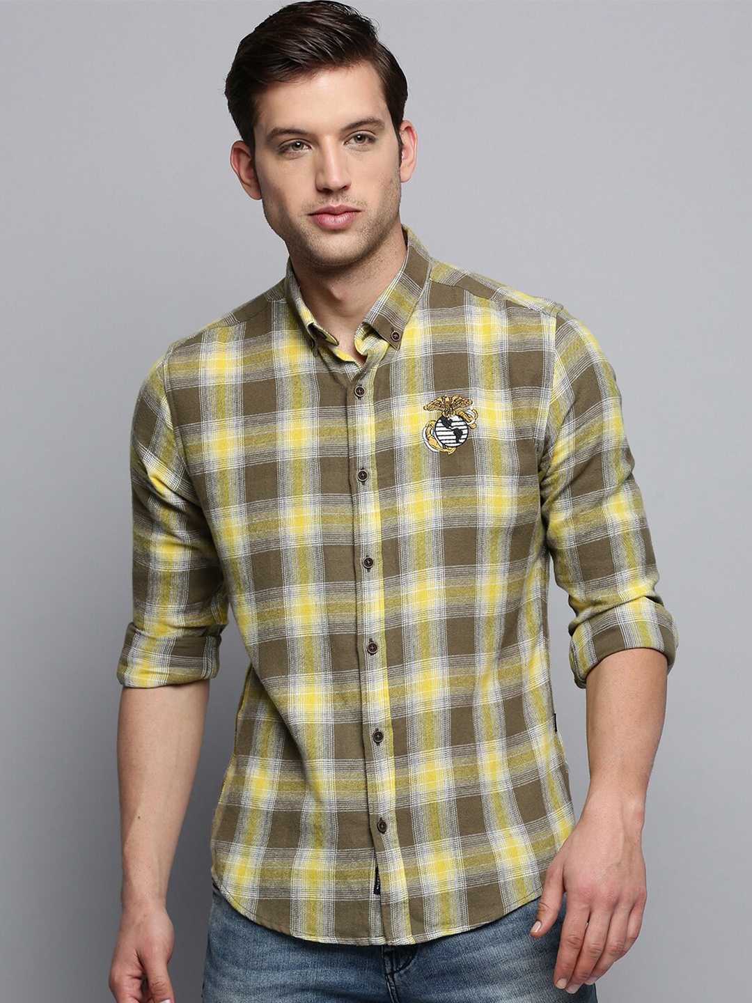 

SHOWOFF Men Cotton Checked Casual Shirt, Olive