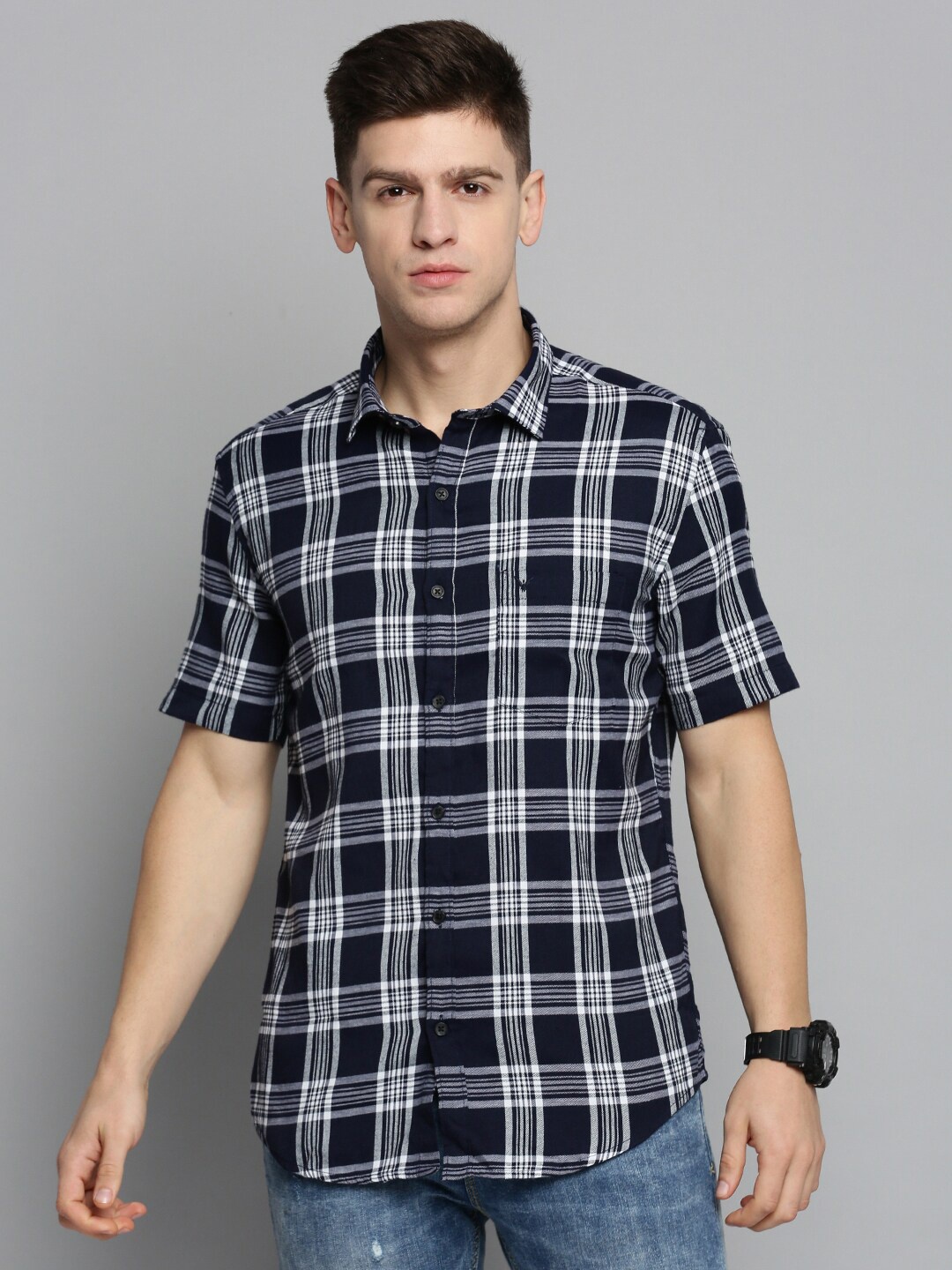 

SHOWOFF Men Comfort Tartan Checked Casual Cotton Shirt, Navy blue