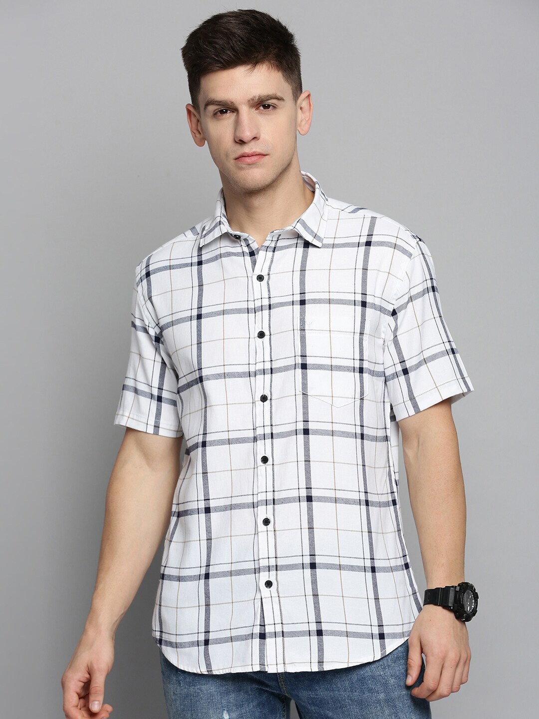 

SHOWOFF Men Comfort Windowpane Checked Casual Cotton Shirt, White