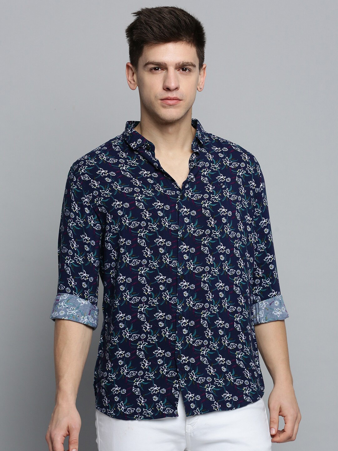 

SHOWOFF Men Comfort Floral Printed Casual Cotton Shirt, Navy blue