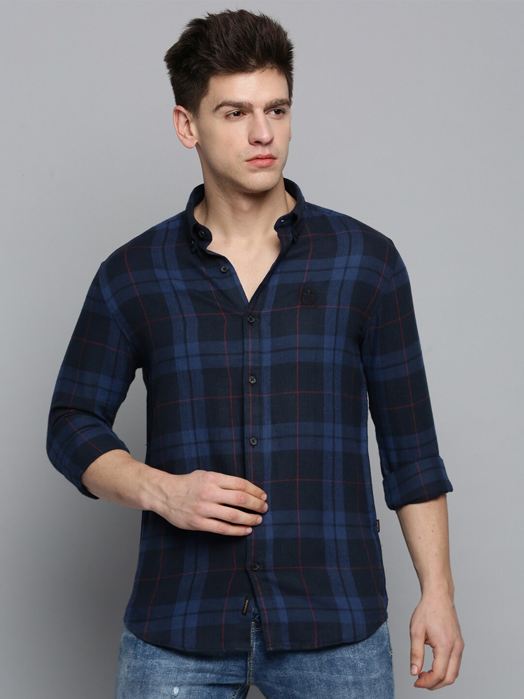 

SHOWOFF Men Comfort Tartan Checked Casual Cotton Shirt, Navy blue