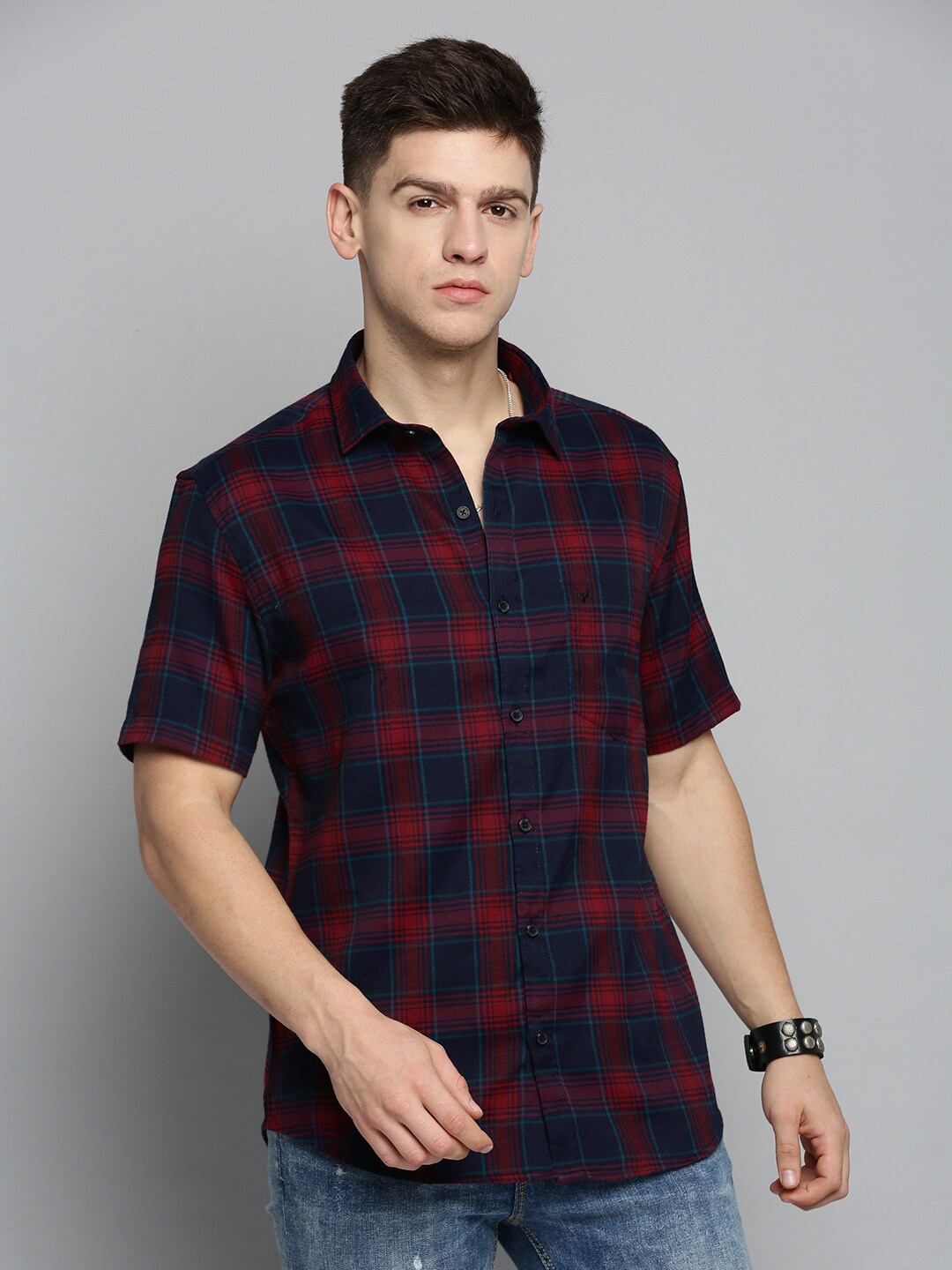 

SHOWOFF Men Comfort Tartan Checked Spread Collar Cotton Casual Shirt, Navy blue