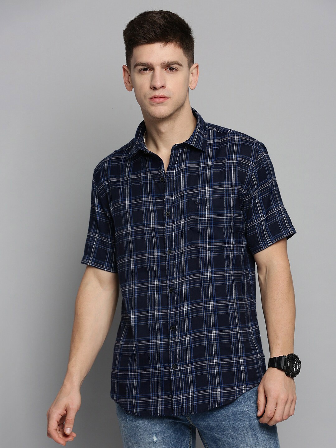 

SHOWOFF Men Comfort Tartan Checks Checked Cotton Casual Shirt, Navy blue