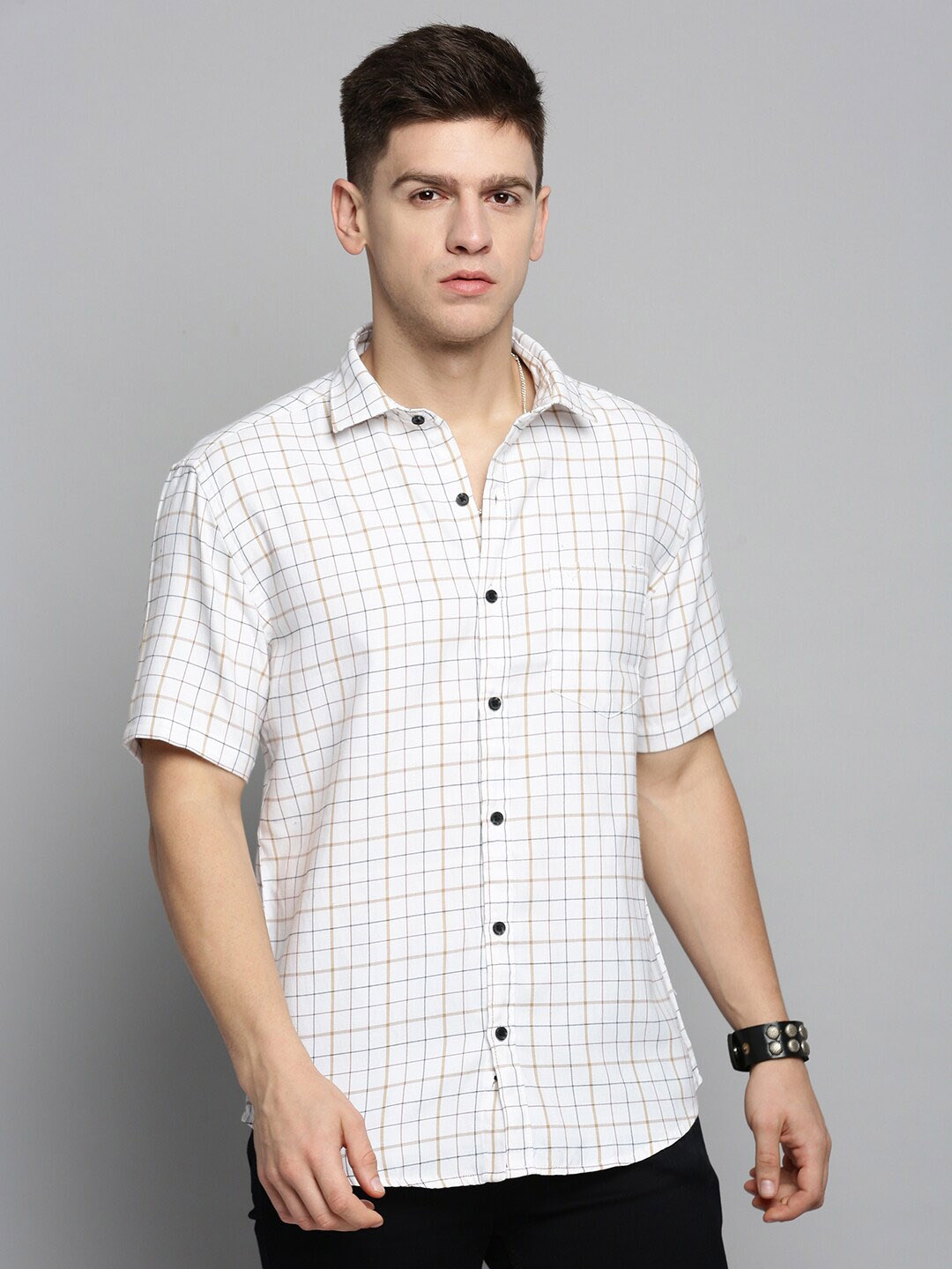 

SHOWOFF Men Comfort Grid Tattersall Checked Cotton Casual Shirt, White