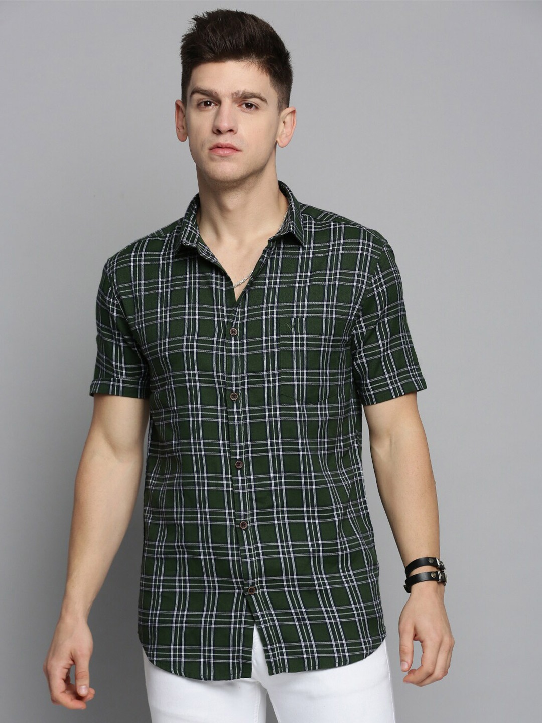 

SHOWOFF Men Classic Tartan Checked Twill Weave Cotton Casual Shirt, Olive