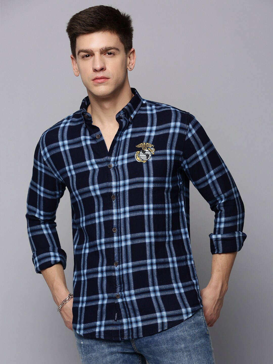 

SHOWOFF Men Classic Tartan Checks Casual Shirt, Navy blue