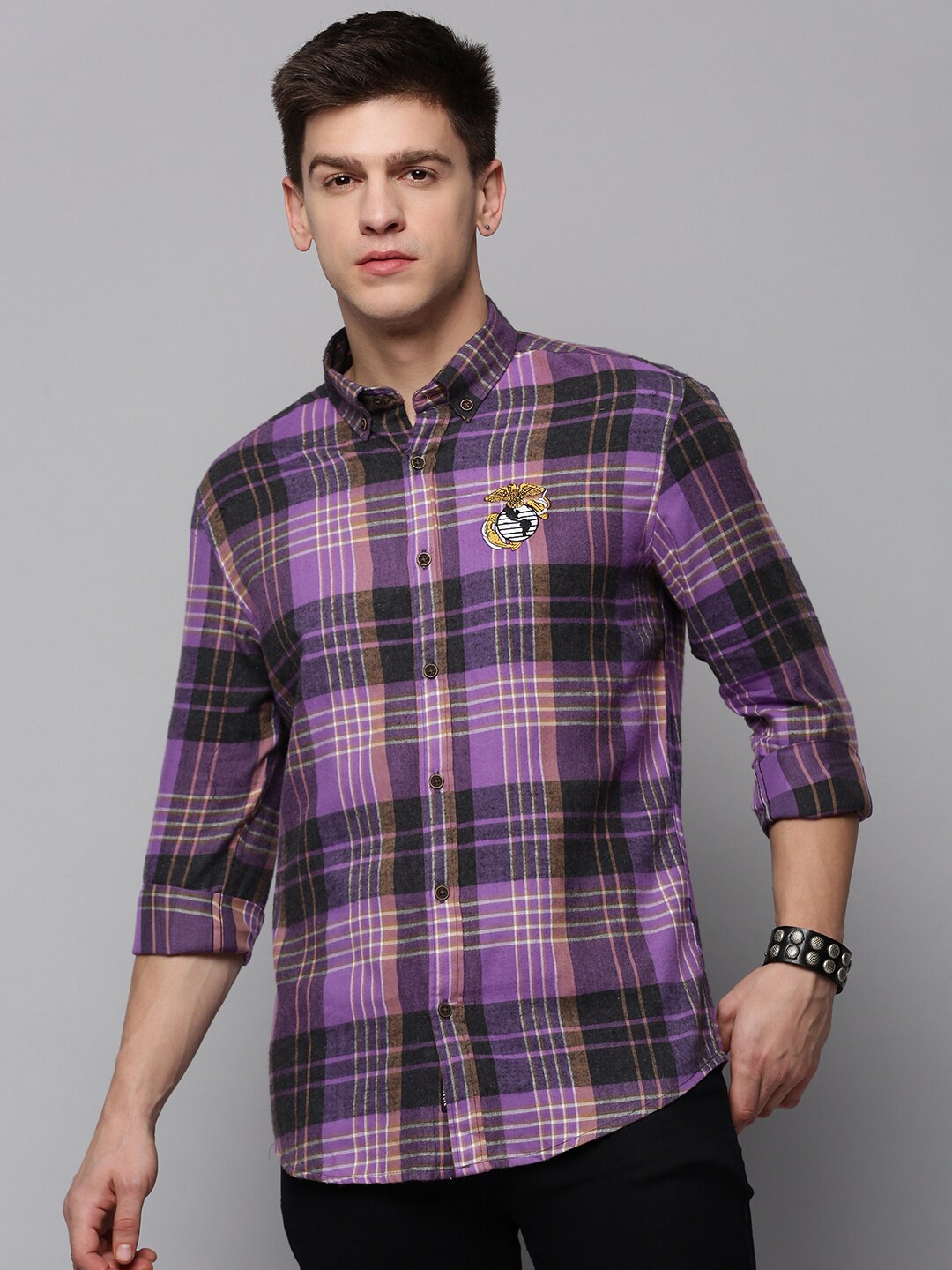 

SHOWOFF Men Classic Tartan Checked Twill Weave Casual Cotton Shirt, Purple